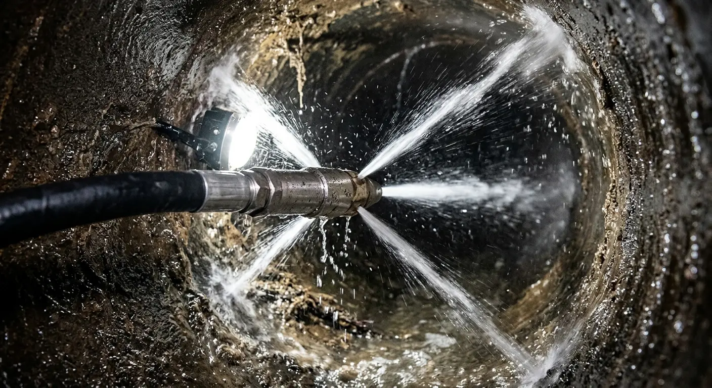 High-pressure hydro jetting nozzle cleaning sewer pipe for Sewer Cleanout in Connersville