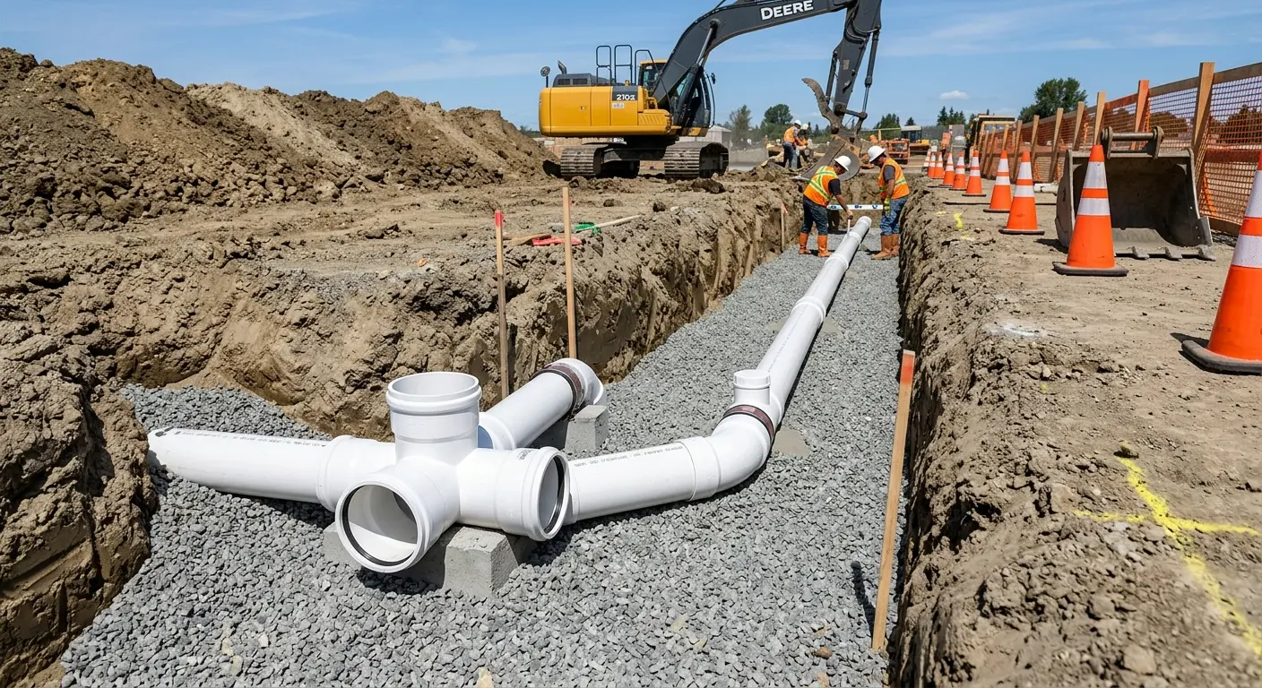 New PVC sewer pipe installation in open trench for Sewer Backup in Connersville